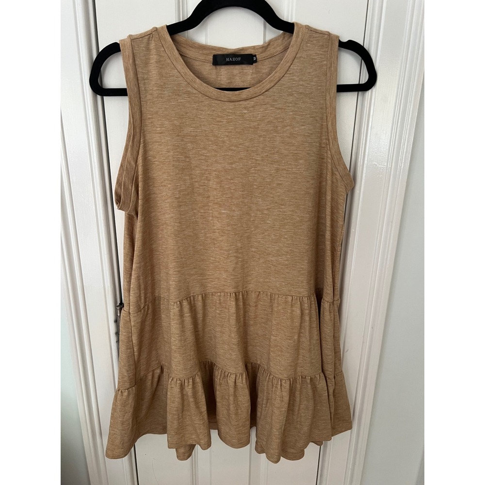 HAEOF Tan Heathered Tiered Sleeveless Tunic Top Womens Medium Ruffle Babydoll